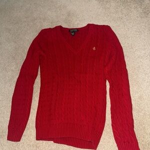 Red Ralph Lauren Polo V-Neck Cable Knit Sweater